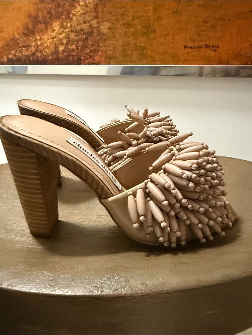 Charles David Nude Beaded Block Heel Mules
